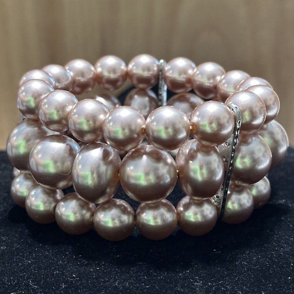 3 Strand Faux Pearl Stretch Beaded Bracelet Bangle  Pink Wedding Formal  Jewelry